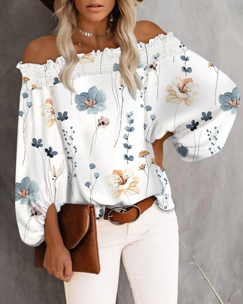 

Floral Print Shirred Off Shoulder Top, White