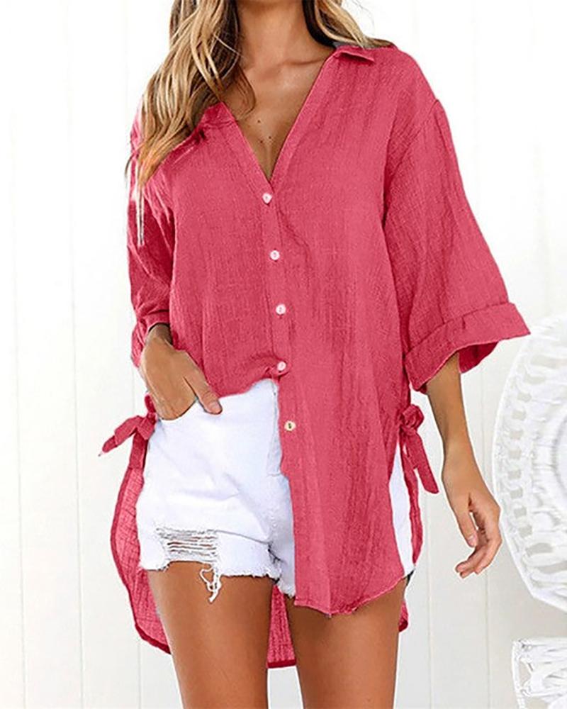 

Tied Detail Buttoned V-Neck Shirt, Hot pink