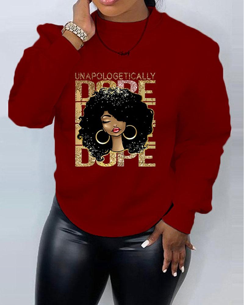 

Unapologetically Dope Figure Print Long Sleeve Sweatshirt, Wine red