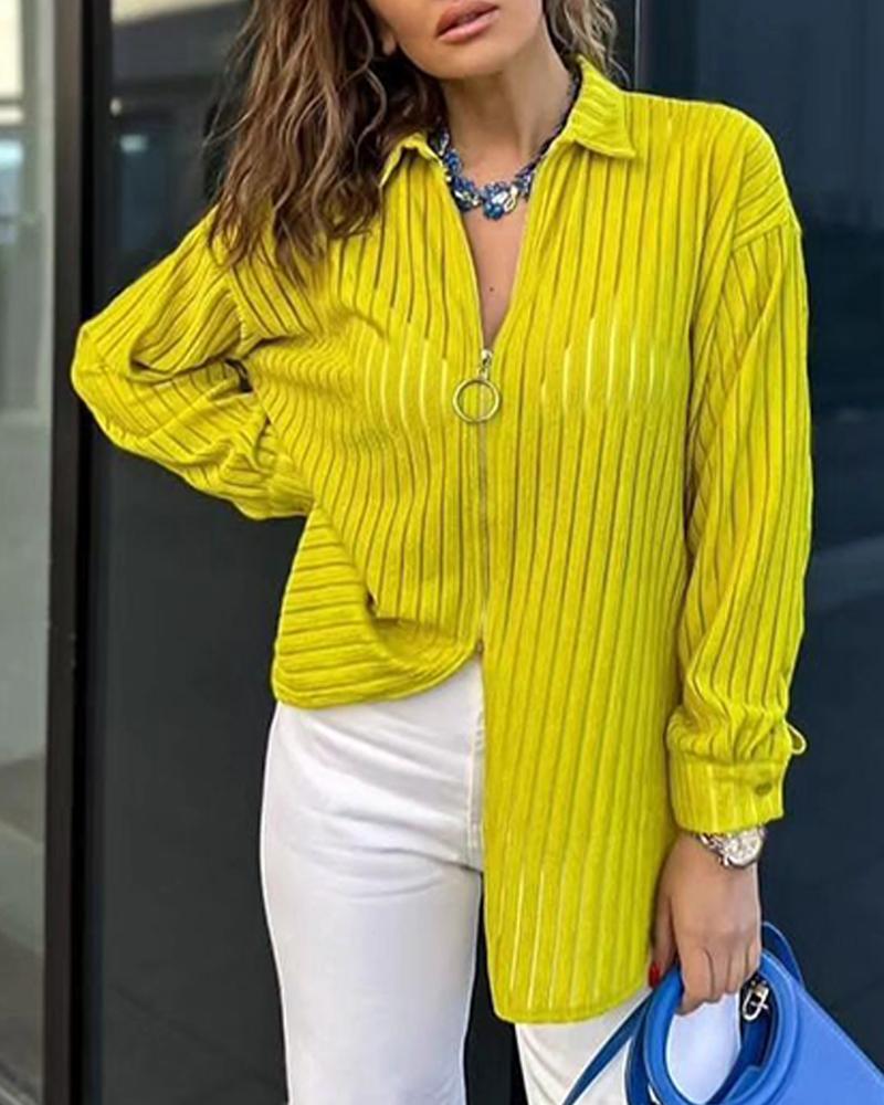 

Top casual com design de zíper e gola virada para baixo, Yellow