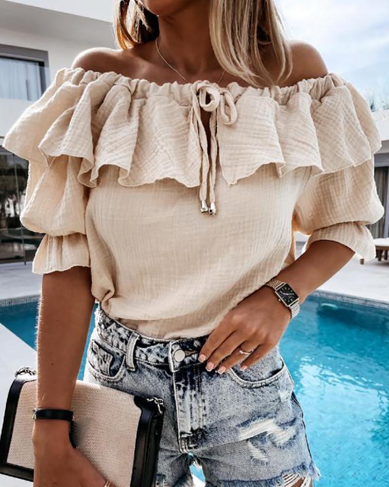 

Off Shoulder Tie Front Drawstring Ruffles Top, Apricot