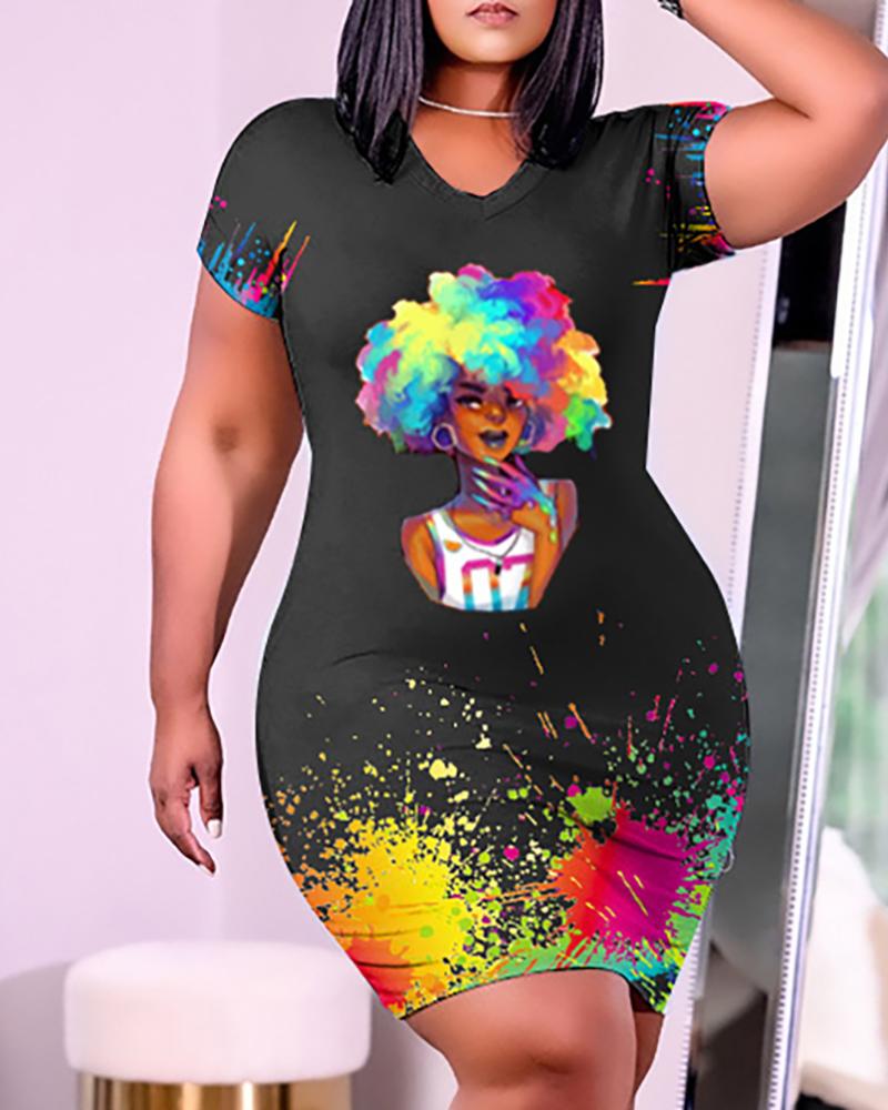 

Letter Lip Ink Splash Print Short Sleeve T-shirt Dress, Style1