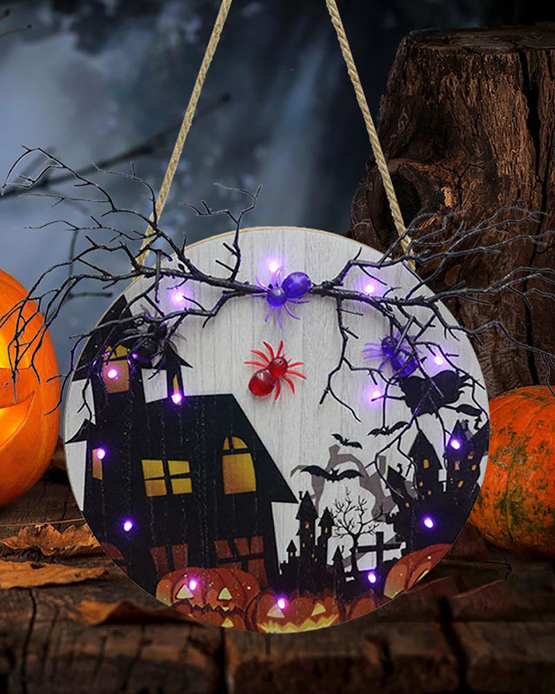 

Halloween Theme Door Sign With Creative Wooden Lights Hanging Ornament For Home Garden Balcony Decor, White