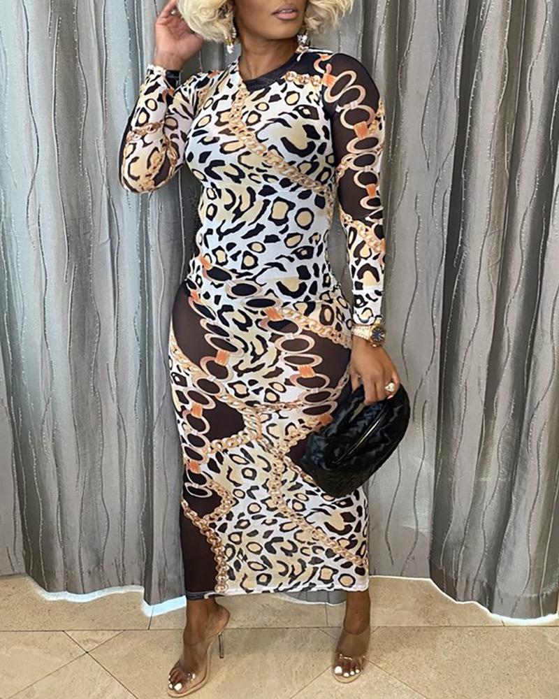 

Cheetah Chain Print Long Sleeve Skinny Maxi Dress, Black