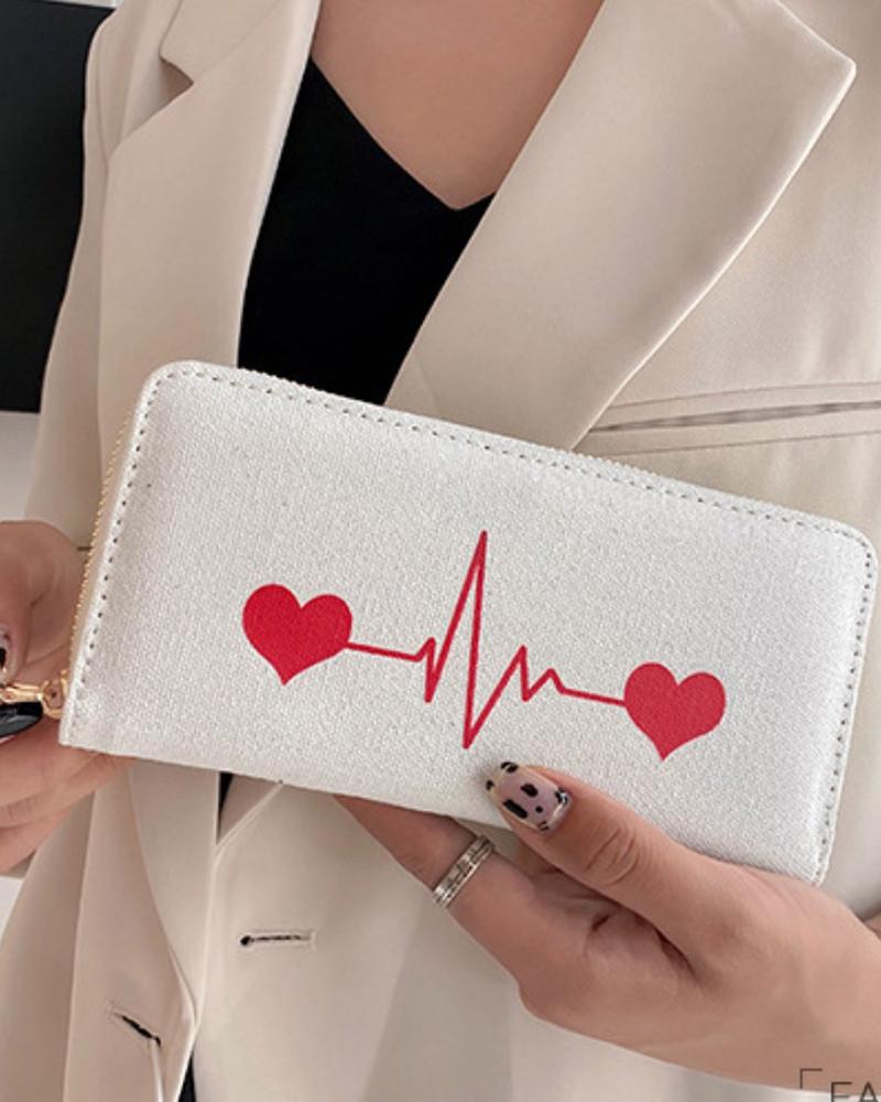 

Zipper Decor Heart Print Clutch Bag, White