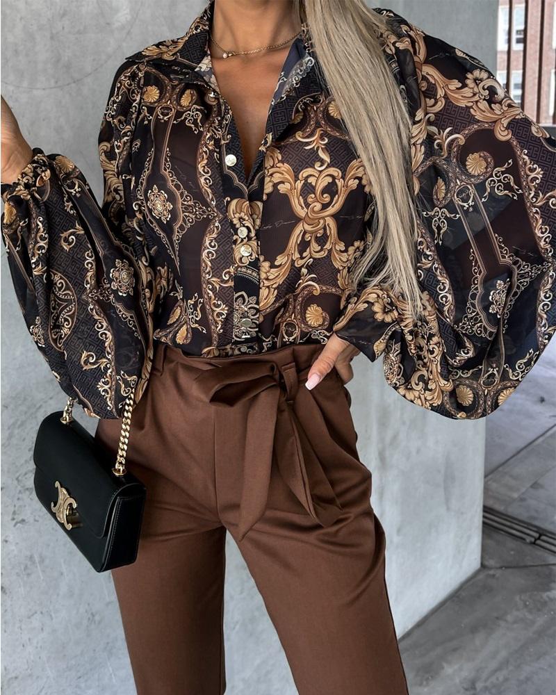 

Baroque Print Lantern Sleeve Button Down Shirt, Black