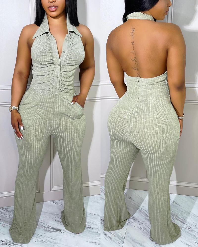 

Halter Backless Button Front Ruched Jumpsuit, Green