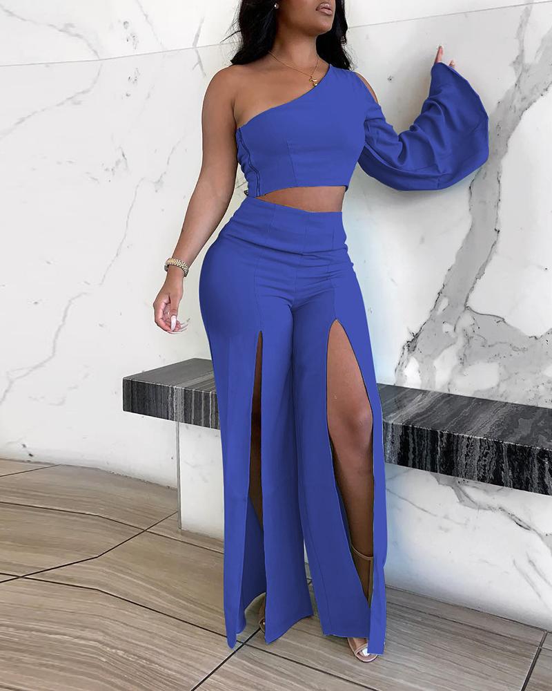 

One Shoulder Bell Sleeve Crop Top & Slit Pants Set, Blue