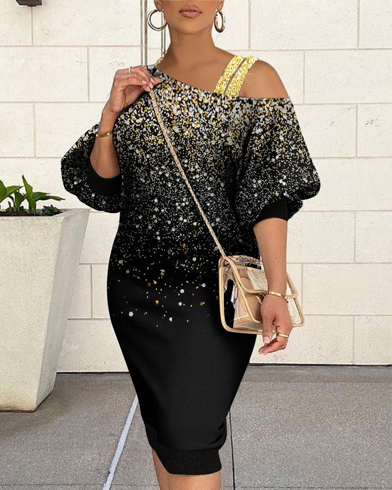 

Glitter Print Cold Shoulder Casual Dress, Black