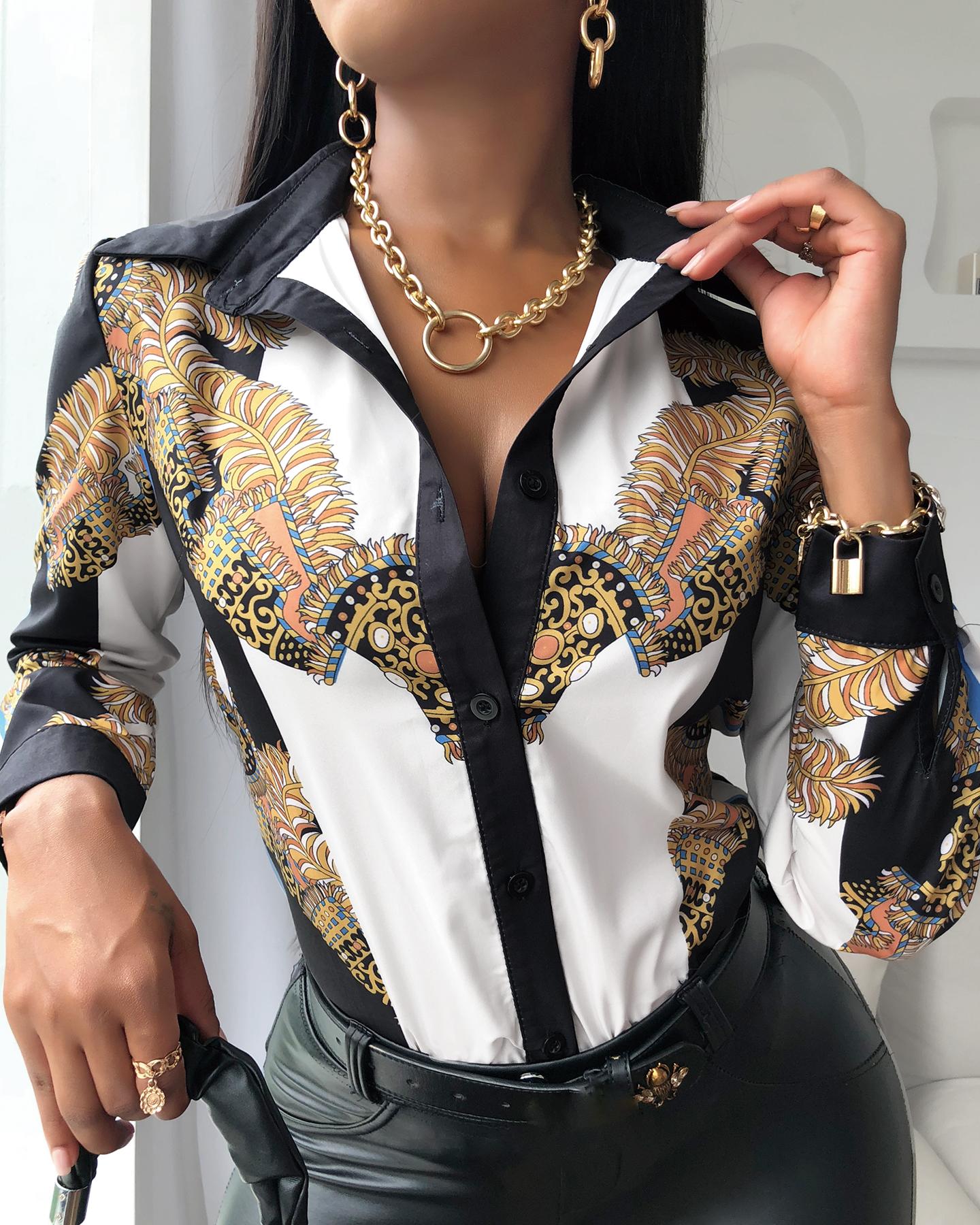 

Scarf Print Button Design Long Sleeve Shirt, Black