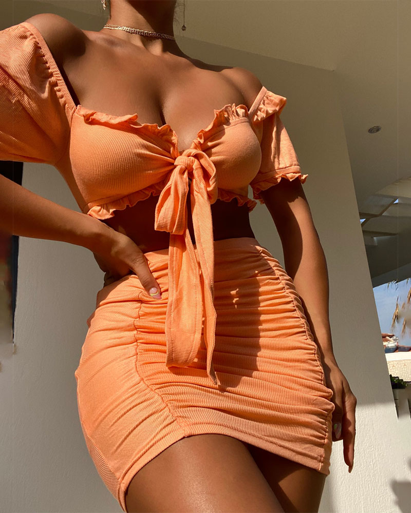 

Frill Hem Knot Front Crop Top & Ruched Skirt Set, Orange