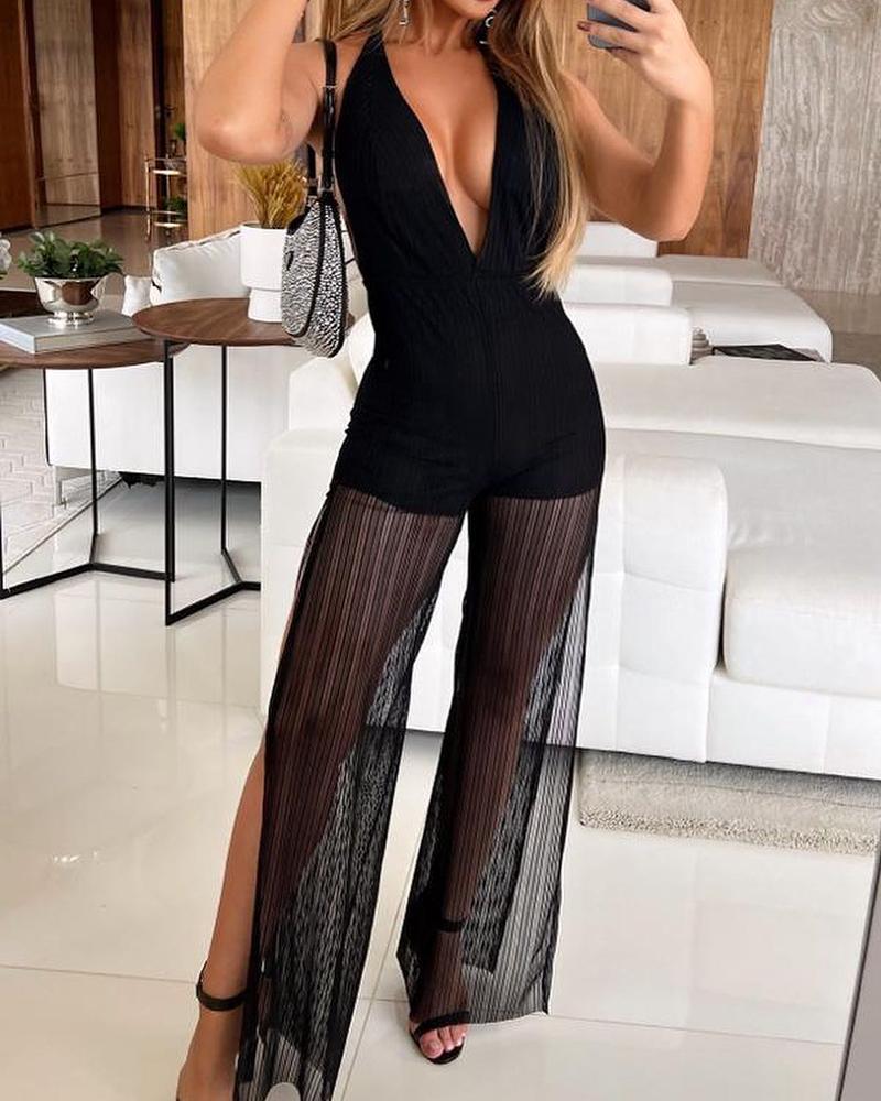 

Halter Backless Split Hem Sheer Mesh Jumpsuit, Black