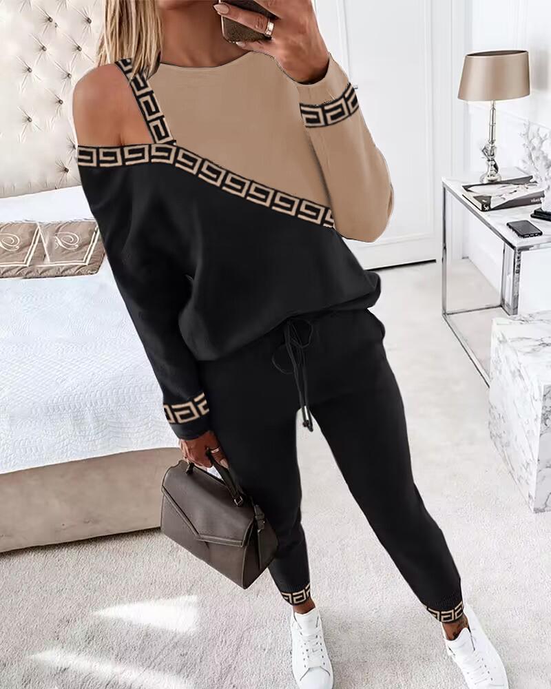 

Colorblock Geo Trim Cold Shoulder Top & Pants Set, Black