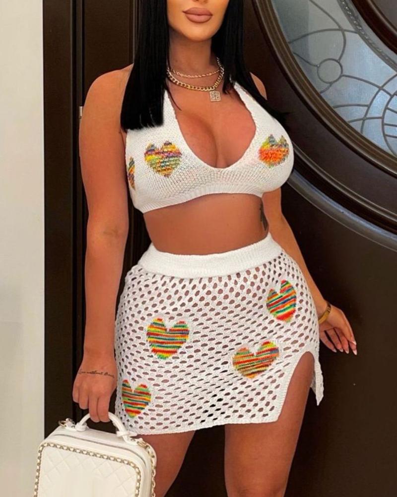 

Hollow Out Heart Pattern Bikini Top & Skirt Set, White