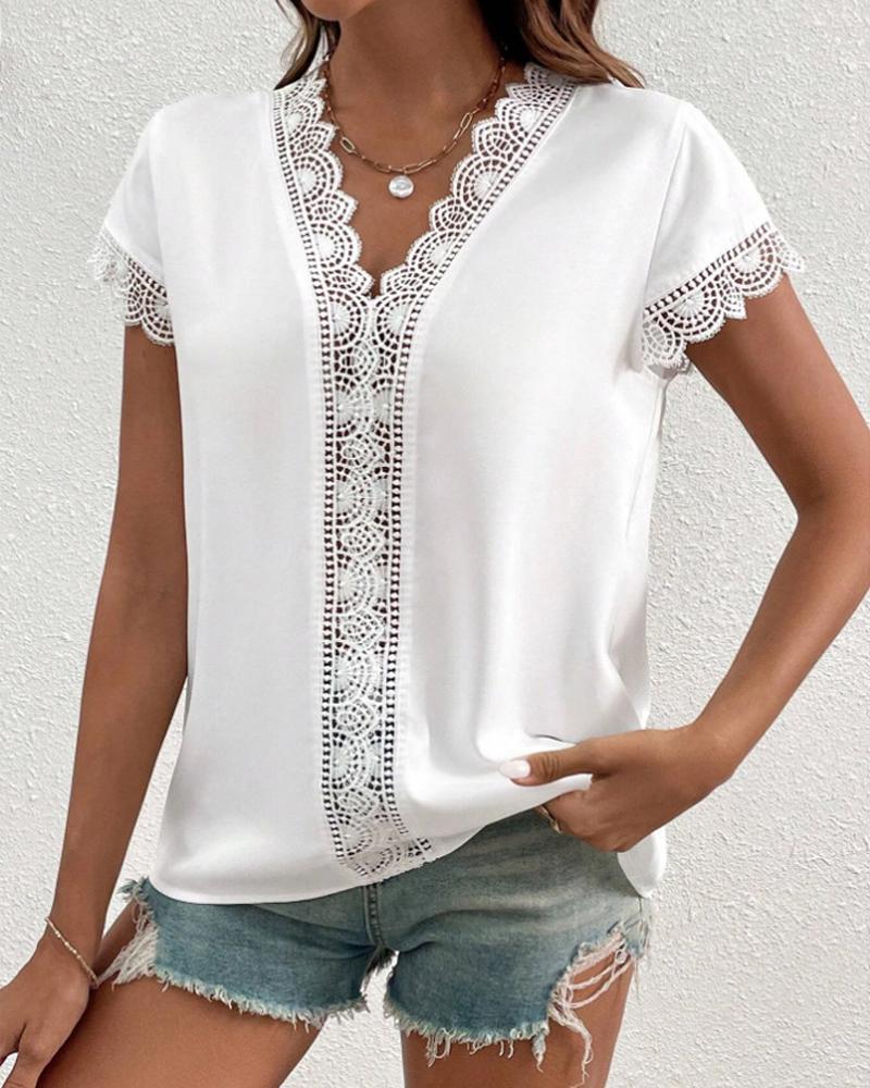 

Crochet Lace V-Neck Casual Blouse, White