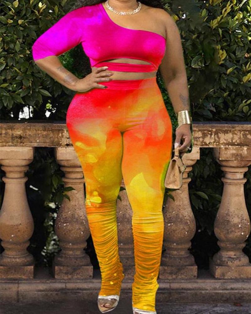 

Plus Size Ombre Colorblock One Shoulder Cutout Top & Pants Set, Yellow