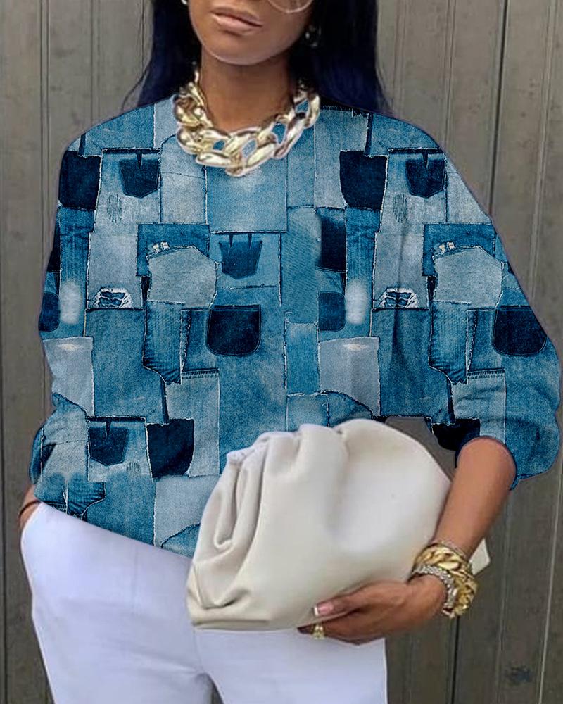 

Plus Size Denim Look Print Long Sleeve Casual Top, Blue