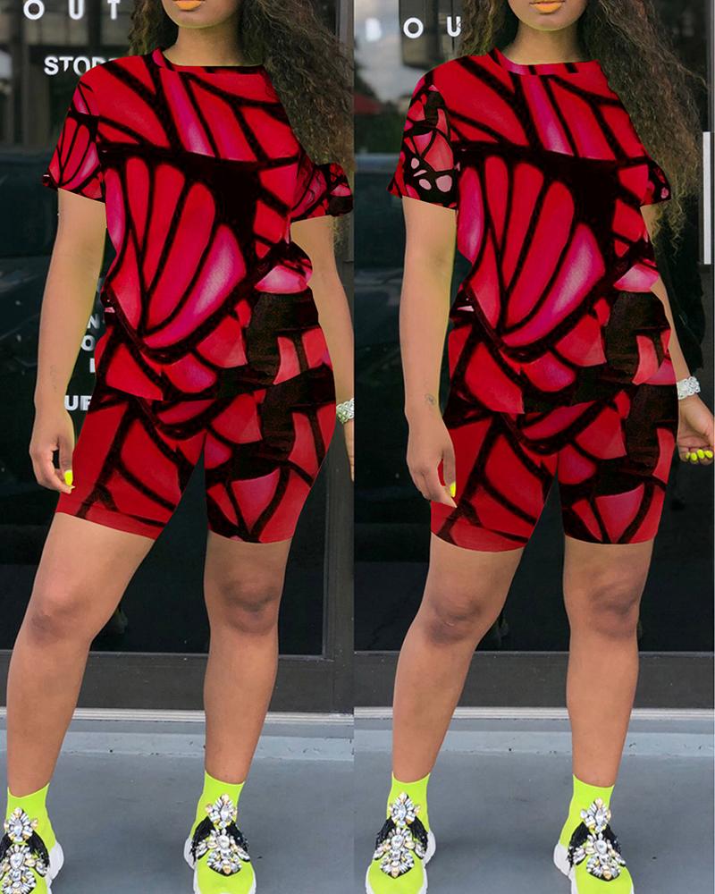 

Butterfly Pattern Print Short Sleeve Top & Skinny Shorts Set, Red