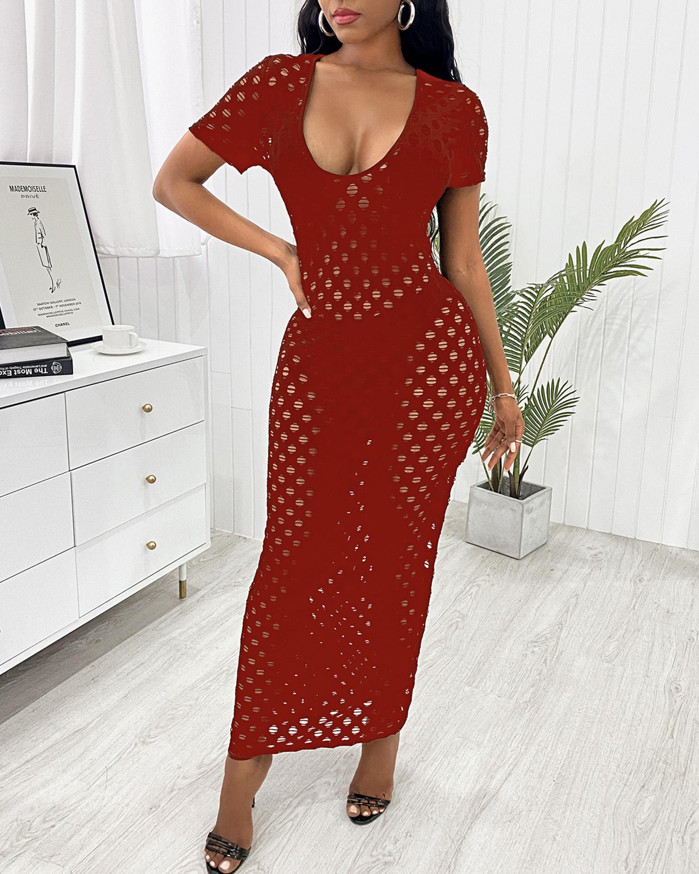 

Short Sleeve Cutout Plunge Maxi Women Dress, Red