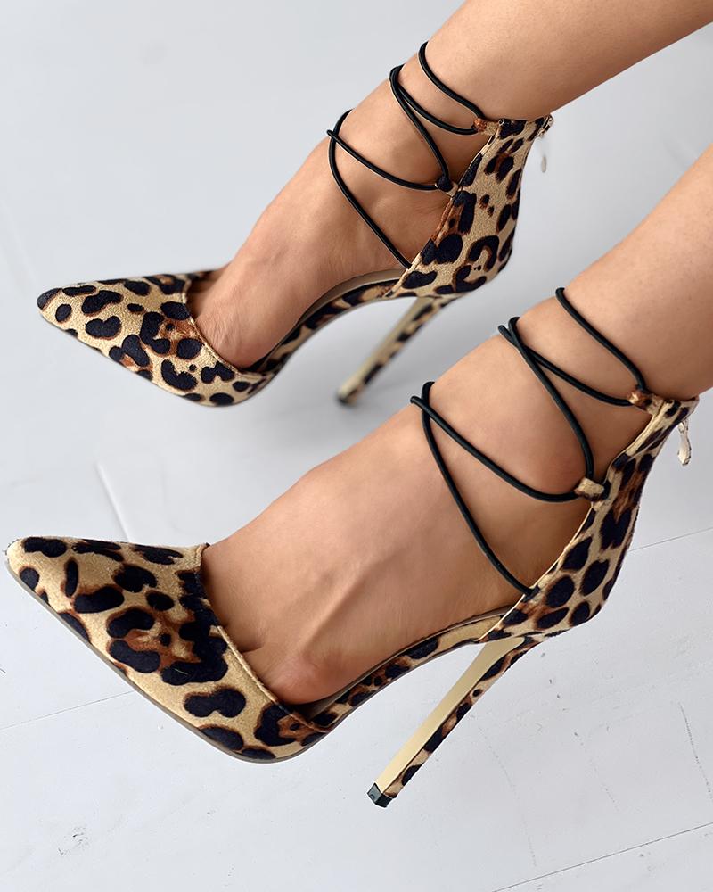 

Cheetah Print Lace-up Stiletto Heel Pumps, Leopard