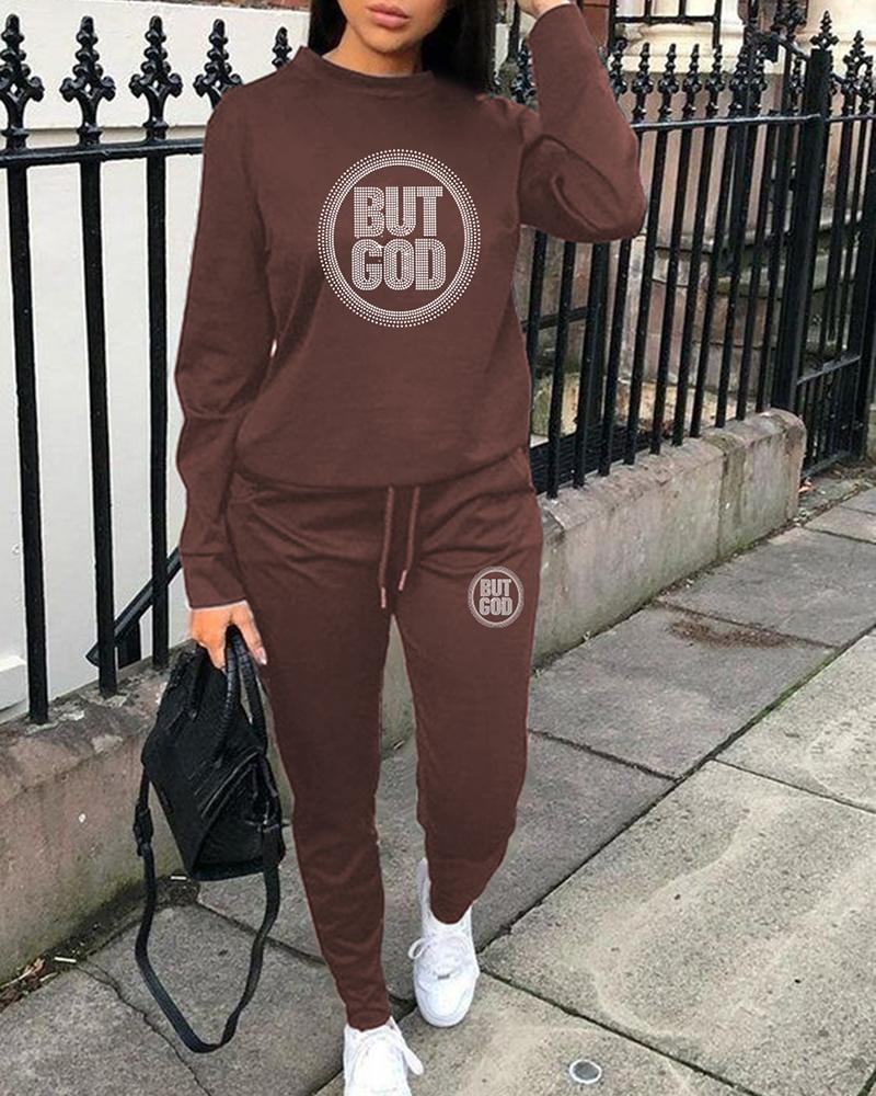 

Plus Size Long Sleeve Rhinestone Letter Pattern Sweatshirt & Pants Set, Brown