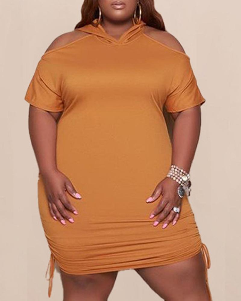 

Plus Size Cold Shoulder Drawstring Ruched Casual Dress, Brown