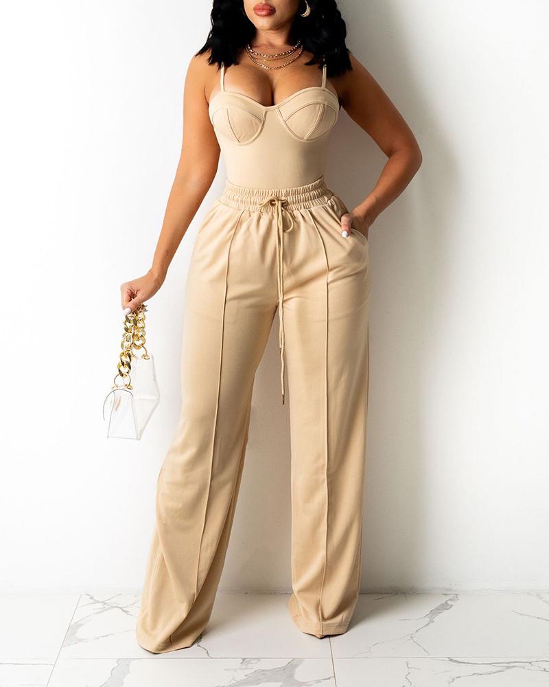 

Zipper Back Cami Top & Wide Legs Contrast Pipping Pants Set, Nude