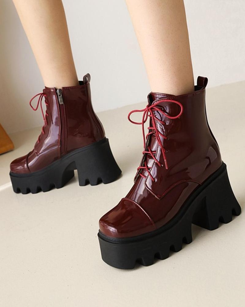 

Square Toe Lacquered Lace-up Platform Martin Boots, Wine red