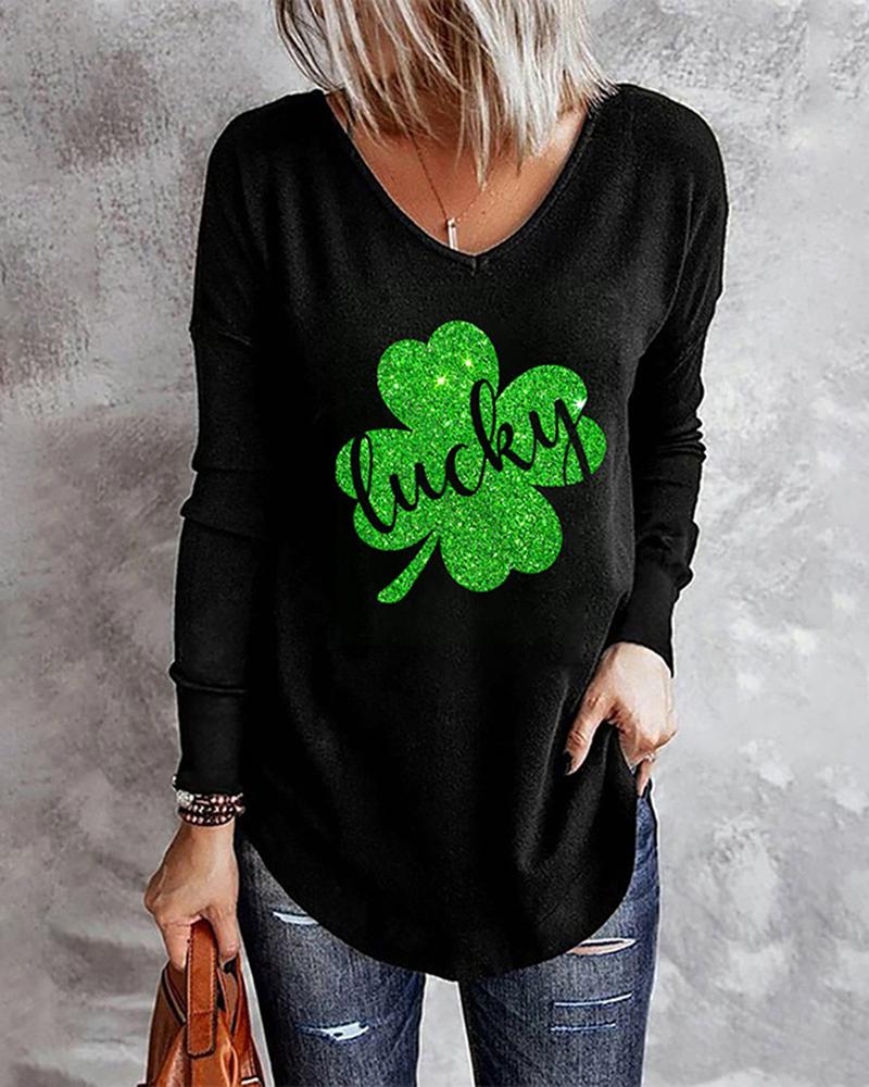 

St. Patrick' Day Clover Print Long Sleeve V-Neck Casual Top, Style2