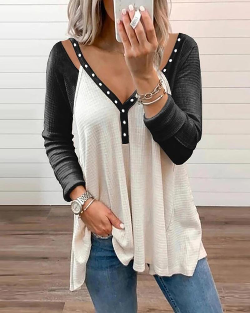 

Studded Long Sleeve Colorblock Top, White