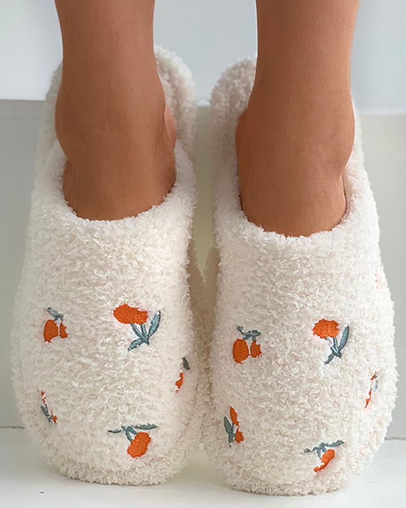 

Floral Pattern Fluffy Slippers, Beige