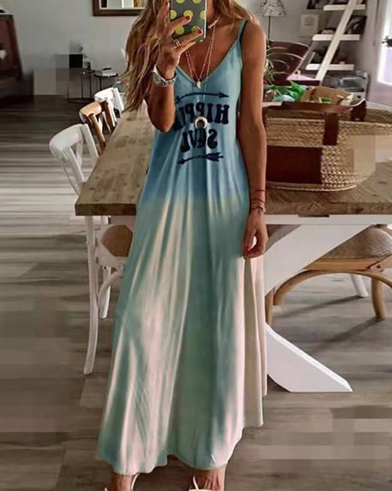 

Letter Print Colorblock V-Neck Maxi Dress, Blue