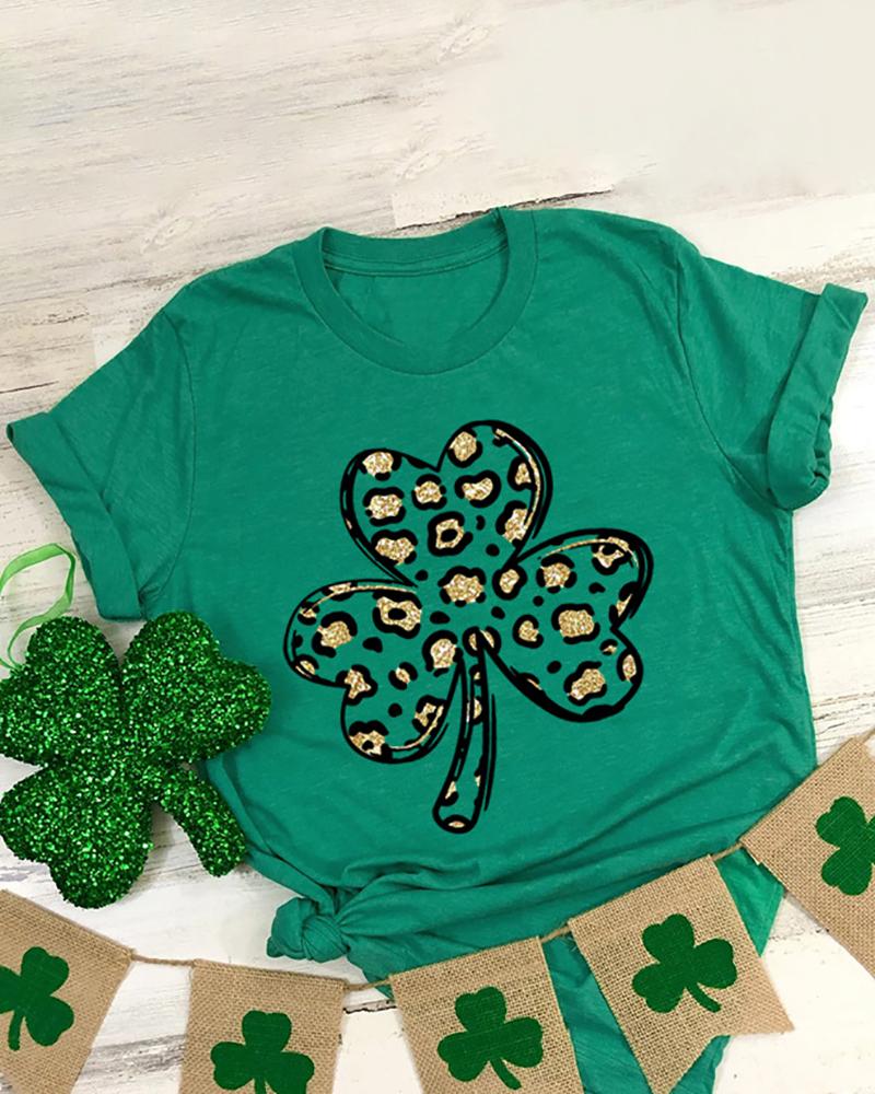 

St.Patrick' Day Four Leaf Clover Cheetah Print Short Sleeve Top, Green