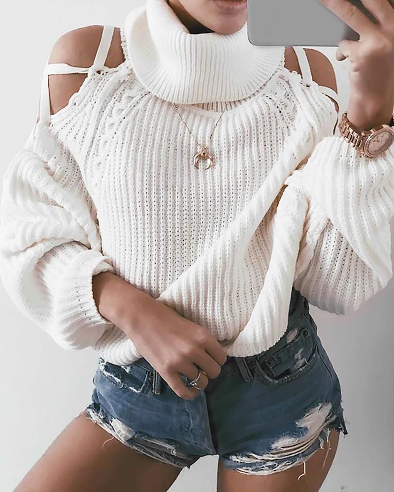 

Plain Cold Shoulder Lace-up Knit Sweater, White