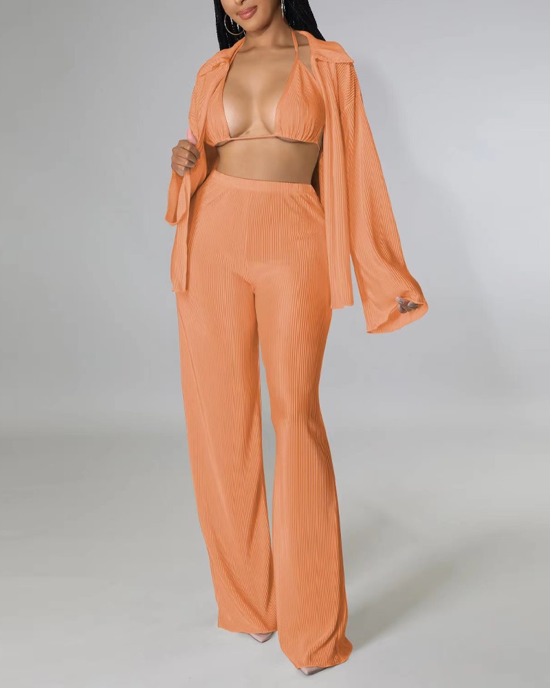 

3PCS Long Sleeve Shirt & High Waist Pants Set With Bra Top, Orange
