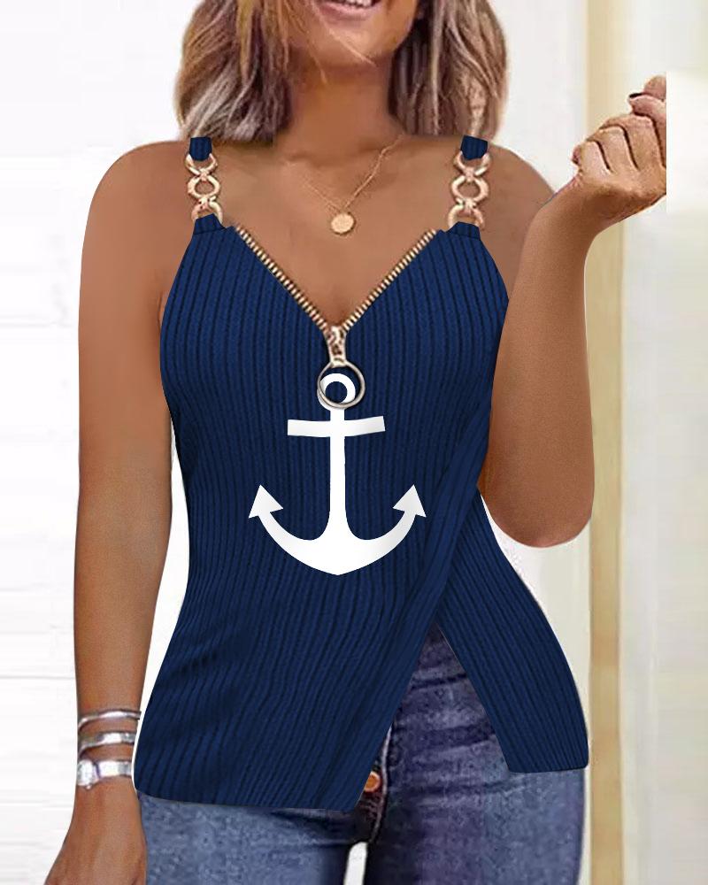 

Anchor Print Chain Decor Zip Detail Slit Top, Blue