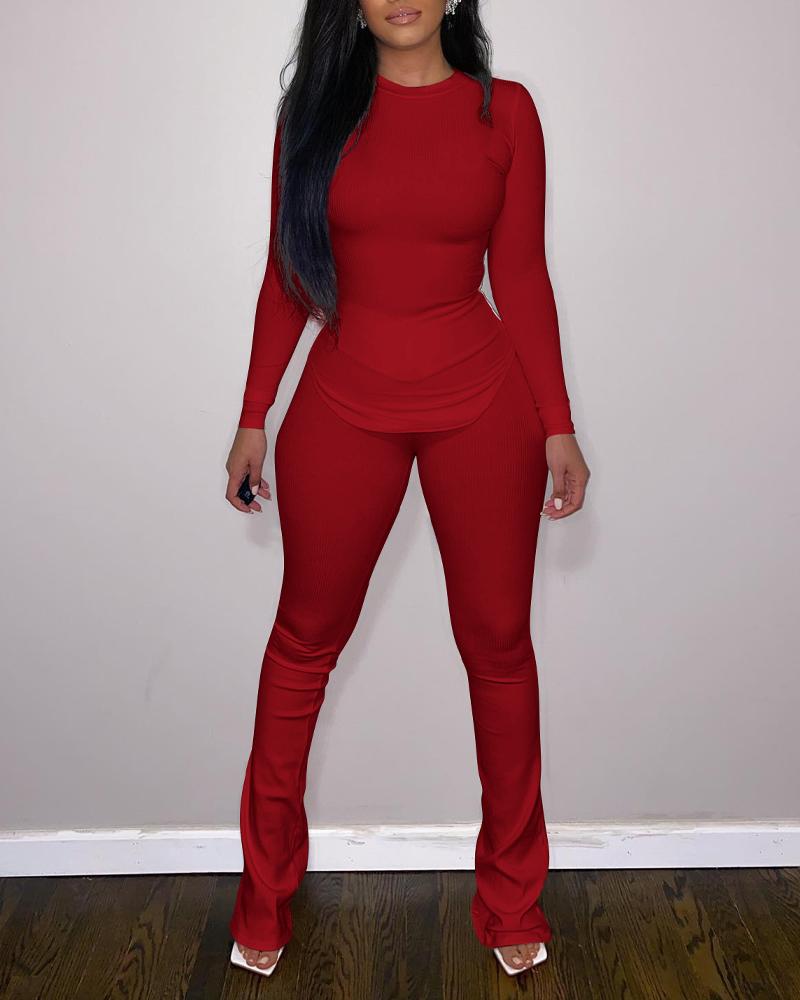 

Ribbed Long Sleeve Top & Pants Set, Red