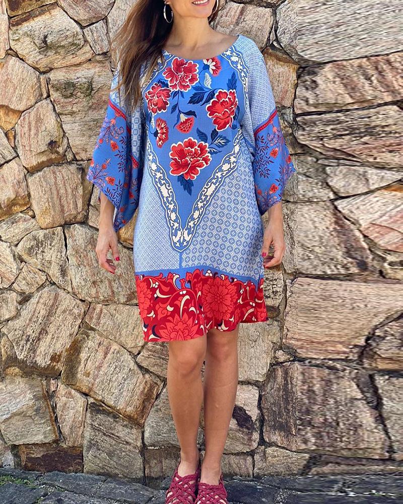

Retro Tribal Floral Print Casual Dress, Multicolor