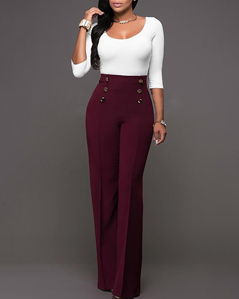 

Double-breasted High Waist Wide Leg Pants, Wine red