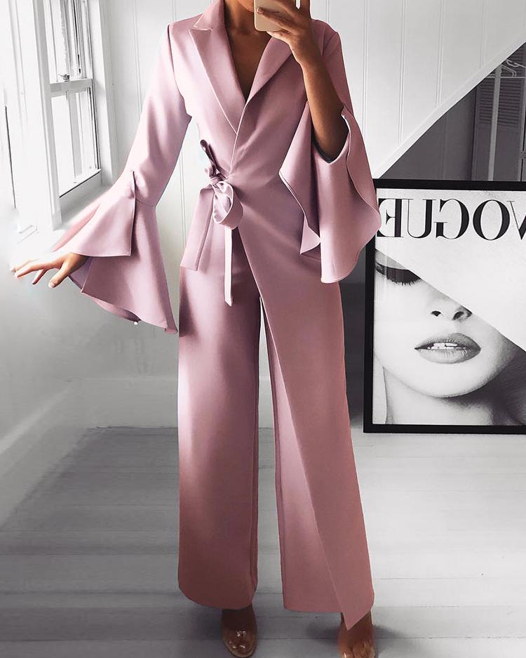 

Irregular Flared Sleeve Knot Side Wide Leg Jumpsuit, Pink