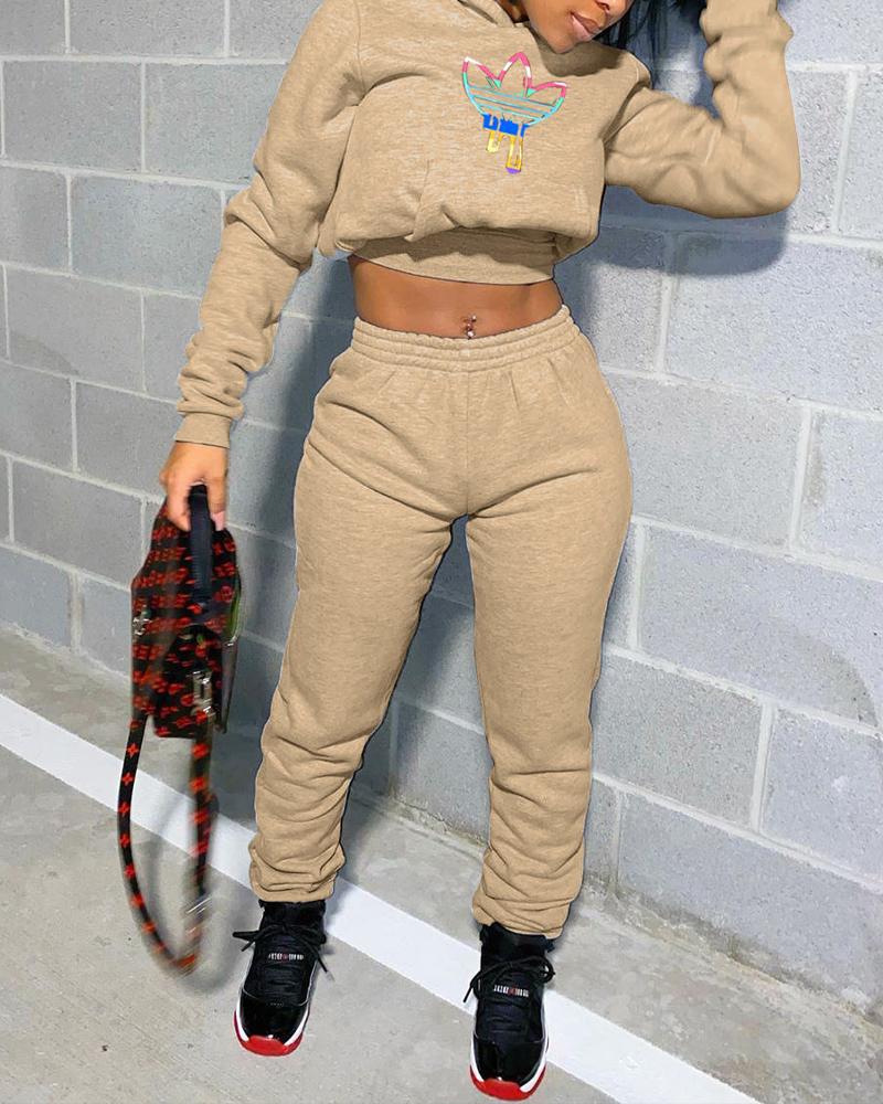 

Graphic Print Long Sleeve Hoodie & Pants Set, Khaki