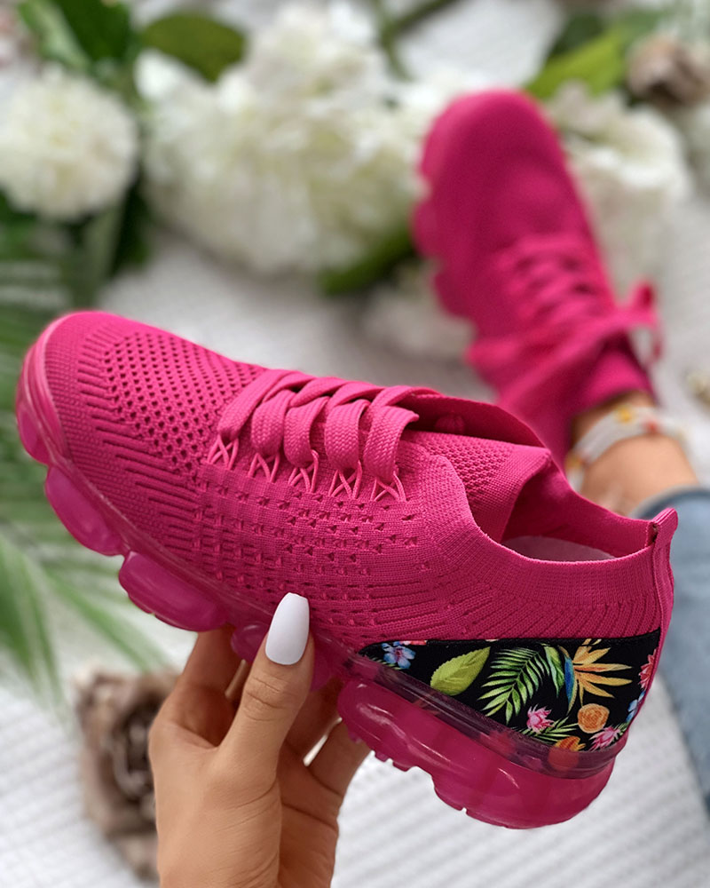 

Knit Breathable Lace-up Tropical Print Sneakers, Hot pink