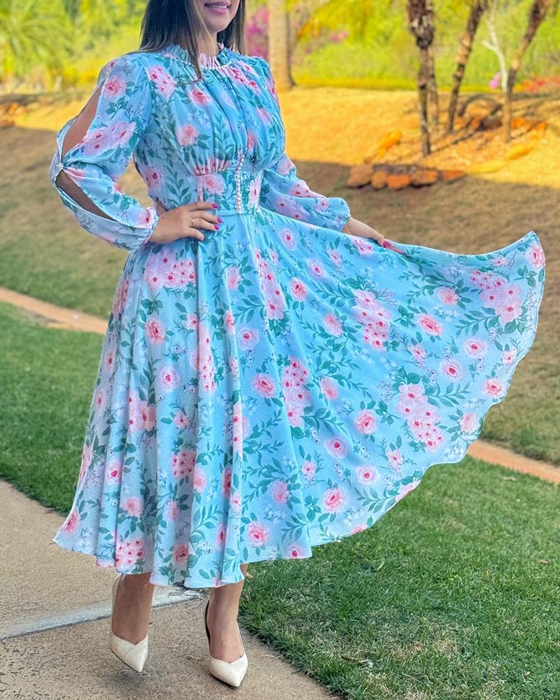 

Floral Print Round Neck Lantern Long Sleeve Dress A-Line Flowy Maxi Dress, Lighted blue