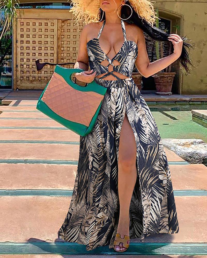 

Halter Tropical Print High Slit Maxi Dress, Gray
