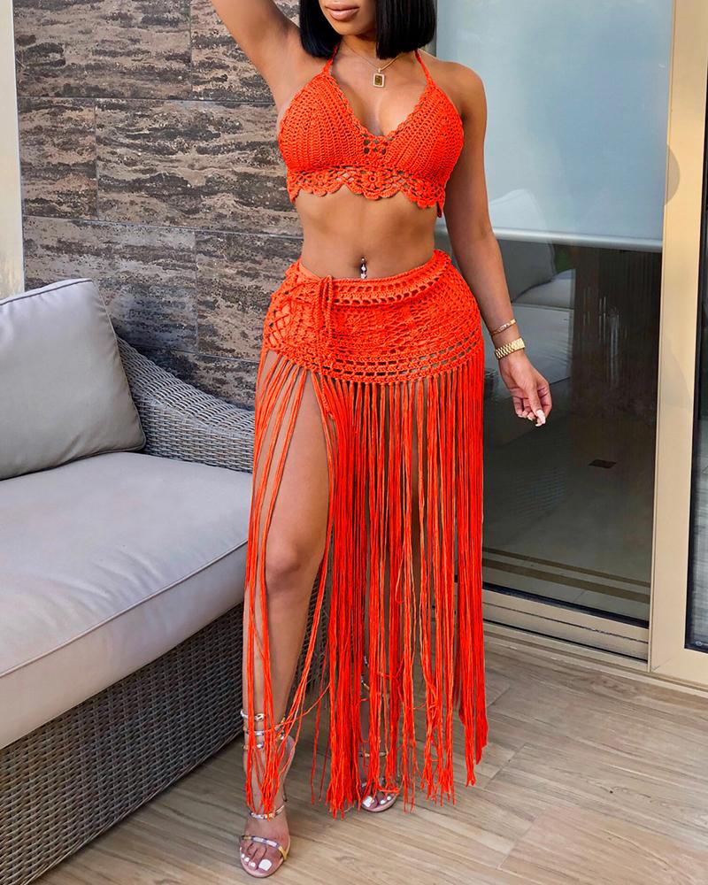 

Halter Tassel Design Cover Up Set, Orange
