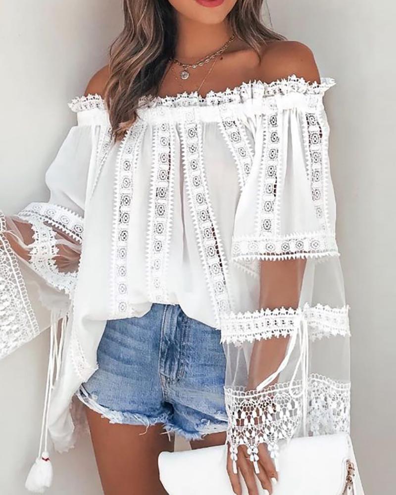 

Off Shoulder Lace Patch Sheer Mesh Top, White