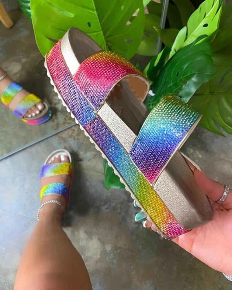 

Rainbow Peep Toe Sequins Flat Sandals, Multicolor