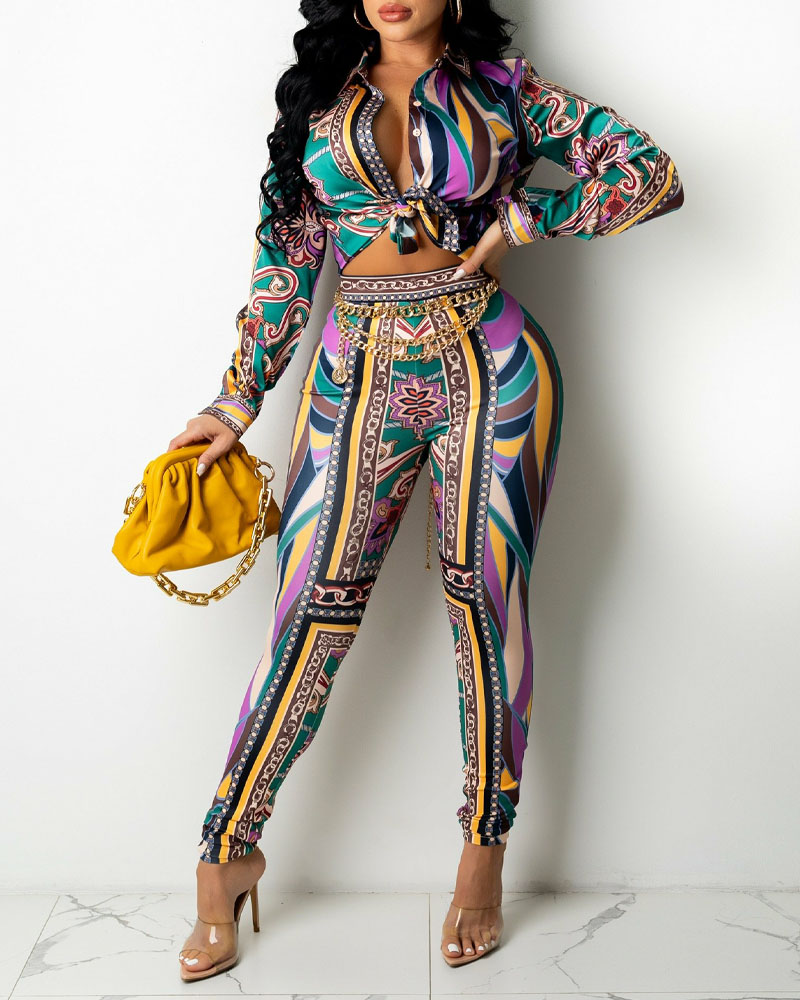 

Scarf Chain Print Button Up Top & Pants Set, Multicolor