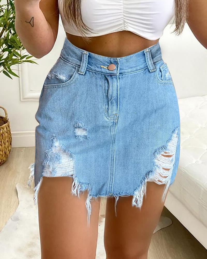 

Solid Ripped Loose A-line Mini Denim Skirts, Blue