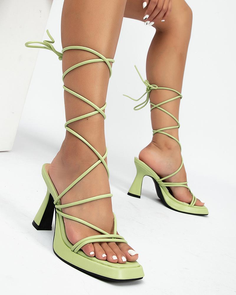 

Square Toe Strappy Chunky Heels, Light green